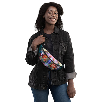 Front-facing shot of the Primordial Soup all-over print fanny pack.