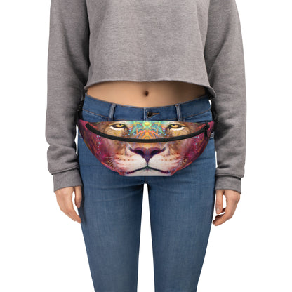Front view of the Genesis fanny pack showing the lion and lioness print.