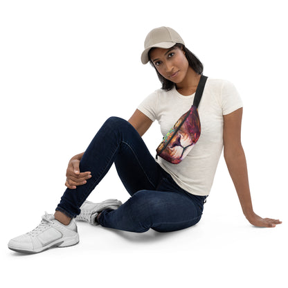 Full front view of the Genesis fanny pack, lion and lioness design.