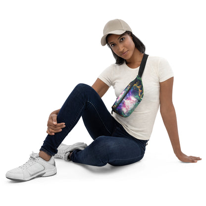 Full front view of the Nectar fanny pack, fractal flower blossom design.