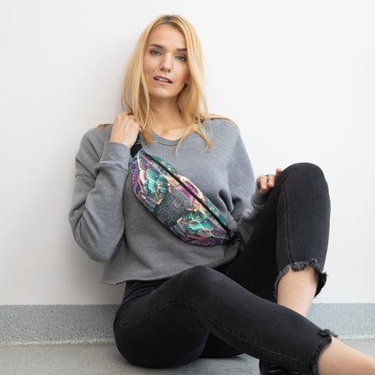 Full front view of the Nectar fanny pack, hummingbird spirit animal design.
