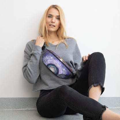 Straight-on front view of the white Immortal Truth fanny pack with the ouroboros and seed of life print.