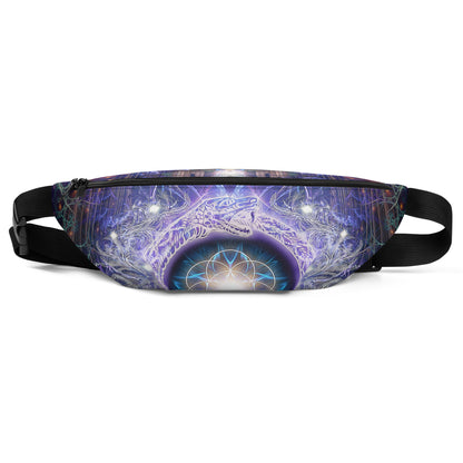 Front view of the Immortal Truth fanny pack showing the all-over ouroboros and seed of life print.