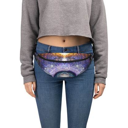 Close-up of the ouroboros and seed of life print on the Immortal Truth fanny pack front panel.