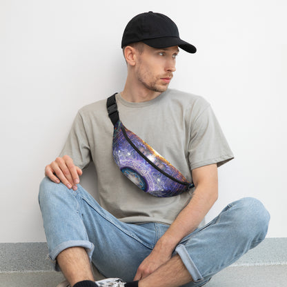 Another front angle of the Immortal Truth fanny pack showing the ouroboros and seed of life design.