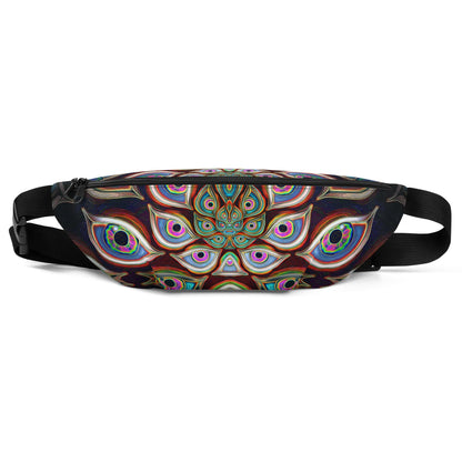 Detail shot of The Waiting Room fanny pack print, an all-over fractal DMT eyes pattern.