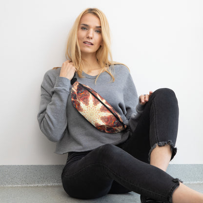 Straight-on front view of the white Muladhara fanny pack with the root chakra mandala print.