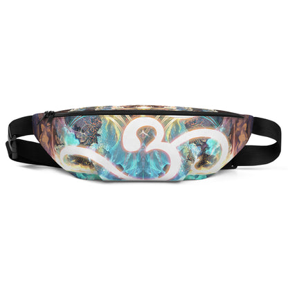 Front view of the Density 432 fanny pack showing the all-over Om meditation symbol print.
