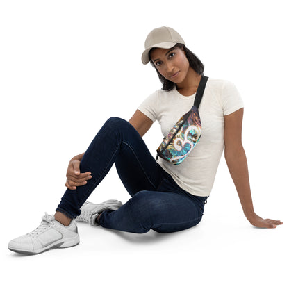 Wide front view of the Density 432 fanny pack showing the full Om meditation symbol artwork.