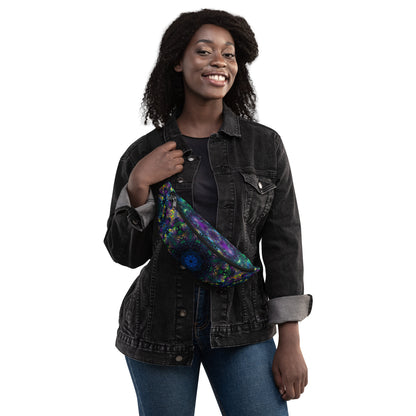 Wide front view of the Awakened V2 fanny pack showing the full fractal mandala artwork.