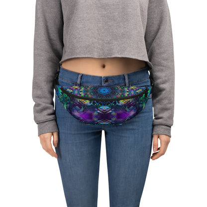 Straight-on front view of the white Awakened fanny pack with the fractal mandala print.