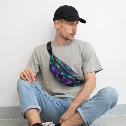 Another front angle of the Awakened fanny pack showing the fractal mandala design.