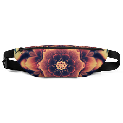 Straight-on front view of the white Mandala Bloom V2 fanny pack with the fractal flower mandala print.