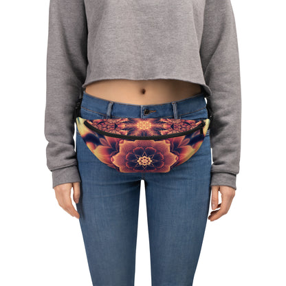 Wide front view of the Mandala Bloom V2 fanny pack showing the full fractal flower mandala artwork.