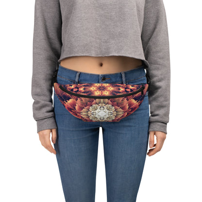 Wide front view of the Mandala Bloom fanny pack showing the full fractal flower mandala artwork.