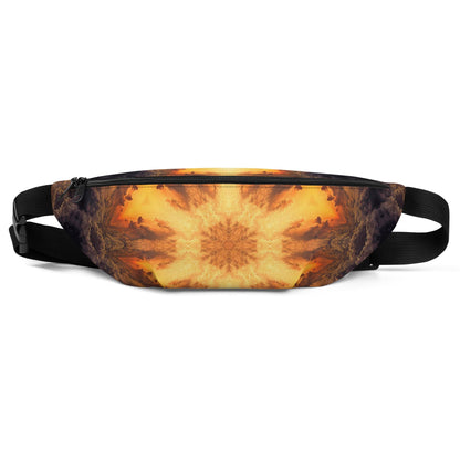 Front view of the Adieu fanny pack showing the all-over fractal sun portal print.