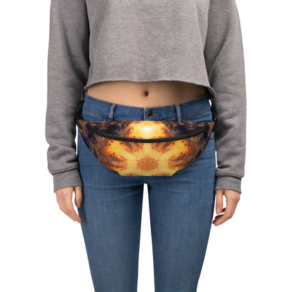 Wide front view of the Adieu fanny pack showing the full fractal sun portal artwork.