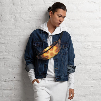 Straight-on front view of the white Adieu fanny pack with the fractal sun portal print.