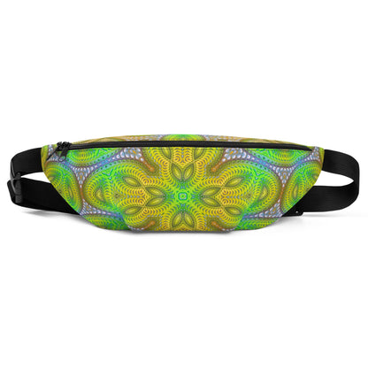 Front view of the Activation Initiated V2 fanny pack showing the all-over neon fractal mandala print.