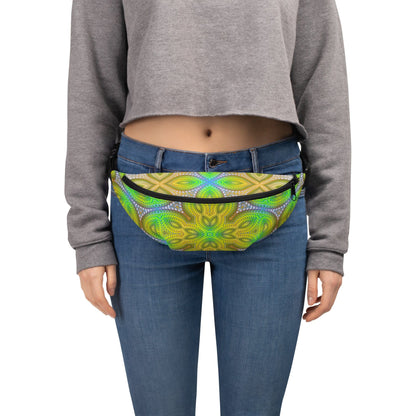 Close-up of the neon fractal mandala print on the Activation Initiated V2 fanny pack front panel.