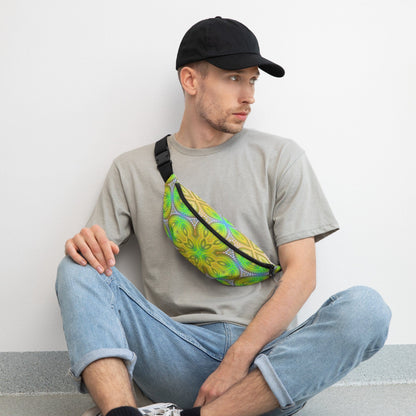 Another front angle of the Activation Initiated V2 fanny pack showing the neon fractal mandala design.