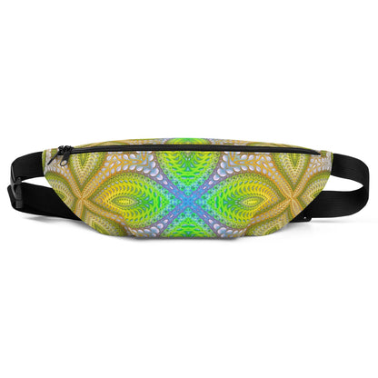 The Activation Initiated fanny pack shown from the side, printed with a neon fractal helix design.