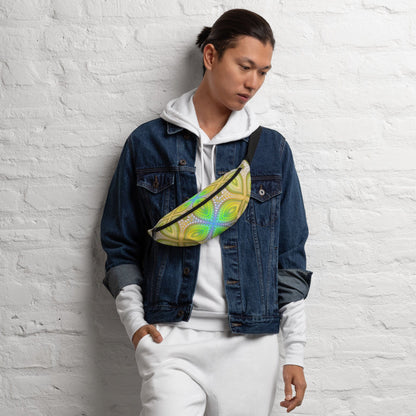 The Activation Initiated fanny pack laid flat with its strap extended to full length.