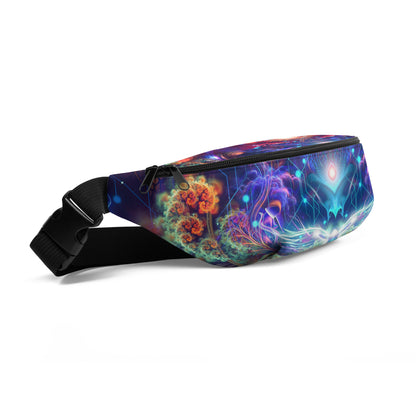 Angled view of the Magnus Opum fanny pack showing the strap and cosmic composer print.