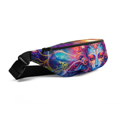 Angled view of The Sacred Vine fanny pack showing the strap and ayahuasca-inspired vine print.