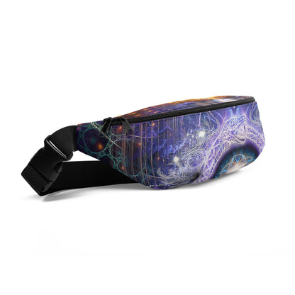 Front-left angle of the Immortal Truth fanny pack with its ouroboros and seed of life print.