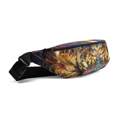 Front-left angle of the Immortal Truth V2 fanny pack with its fractal chaos and order print.
