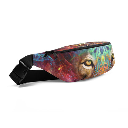Front-left angle of the Genesis fanny pack with its lion and lioness print.