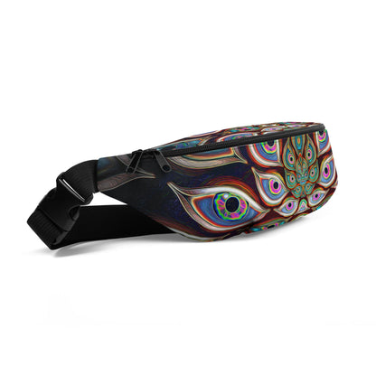 Front-left angle of The Waiting Room fanny pack with its fractal DMT eyes print.