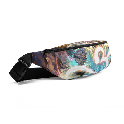Front-left angle of the Density 432 fanny pack with its Om meditation symbol print.