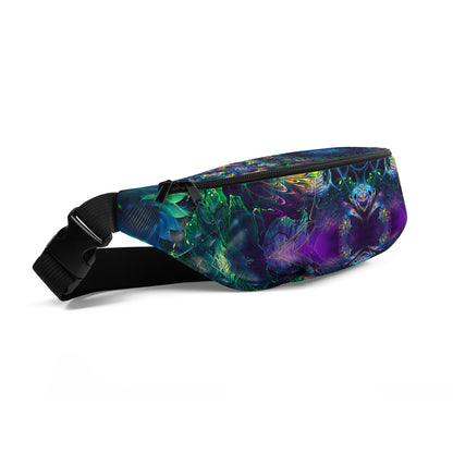 Front-left angle of the Awakened fanny pack with its fractal mandala print.