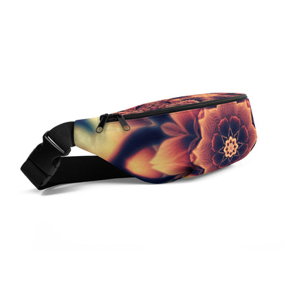 Front-left angle of the Mandala Bloom V2 fanny pack with its fractal flower mandala print.