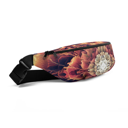 Front-left angle of the Mandala Bloom fanny pack with its fractal flower mandala print.