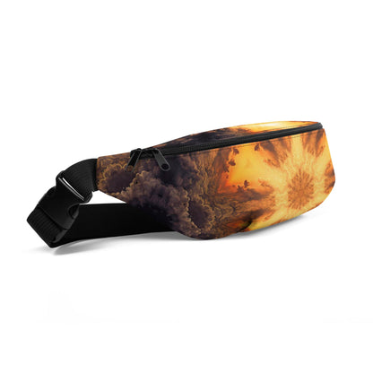 Front-left angle of the Adieu fanny pack with its fractal sun portal print.