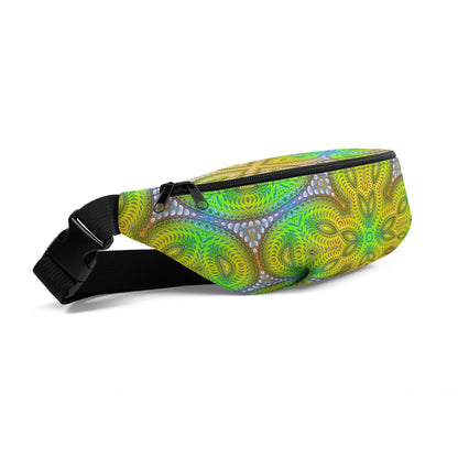 Front-left angle of the Activation Initiated V2 fanny pack with its neon fractal mandala print.