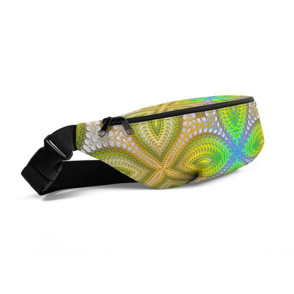 Three-quarter angle view of the Activation Initiated fanny pack, showing the zipper pull and strap buckle.