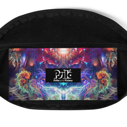 Close-up of the Magnus Opum fanny pack's small inner pocket and cosmic composer print.