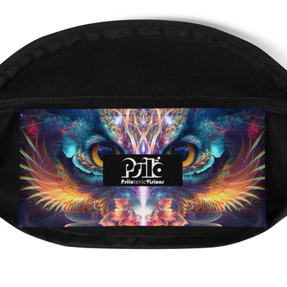 Close-up of the Peekaboo fanny pack's small inner pocket and fantasy owl print.