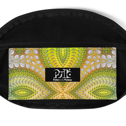 Close-up of the back pocket on the Activation Initiated fanny pack, showing the Psiloteric Visions logo patch.