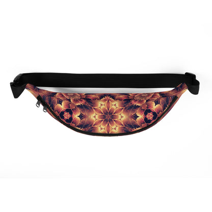 Top view of the Mandala Bloom fanny pack showing the zippered opening.