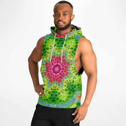 A second model wearing the “Starburst” sleeveless hoodie from the side, showing the drop armhole cut.