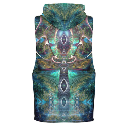 Ghost mannequin back view of the “Fluer De Vie” sleeveless hoodie, showing the all-over print.