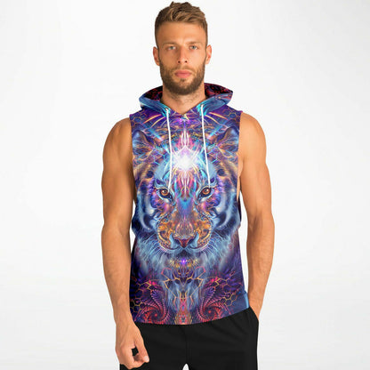 Model wearing the “Empurrress” sleeveless hoodie, front view, showing overall fit and length.