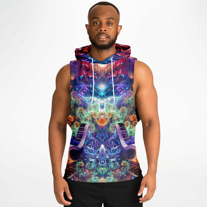A second model wearing the “Magnus Opum” sleeveless hoodie, front view, showing the fit and drape.