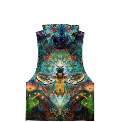 Flat lay of the back of the “To Bee or Not to Bee” all-over-print sleeveless hoodie, showing the full back print.