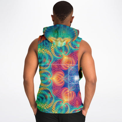 A second model wearing the “Free Your Mind - Fibonacci” sleeveless hoodie, back view, highlighting the print.